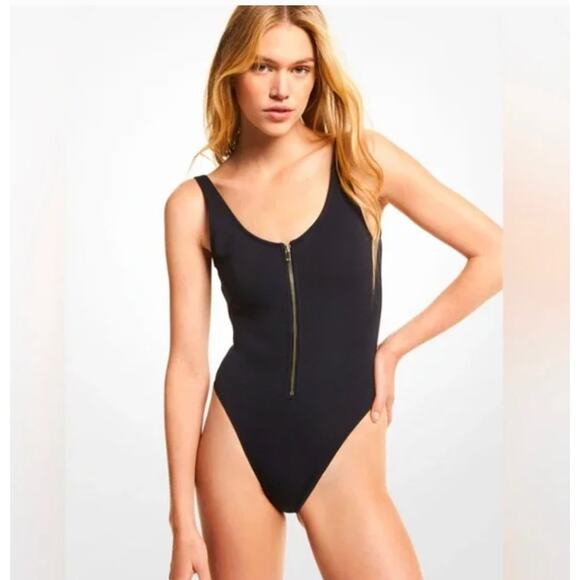 Michael Kors Swimsuit Womens 10 Black One Piece Zip Front Open Back - Picture 1 of 10